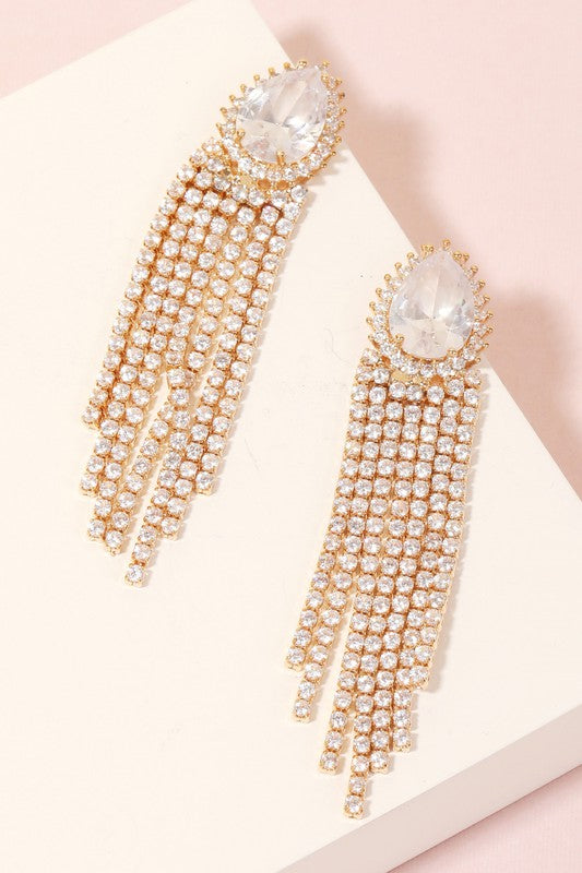 Pave Rhinestone Teardrop Fringe Earrings