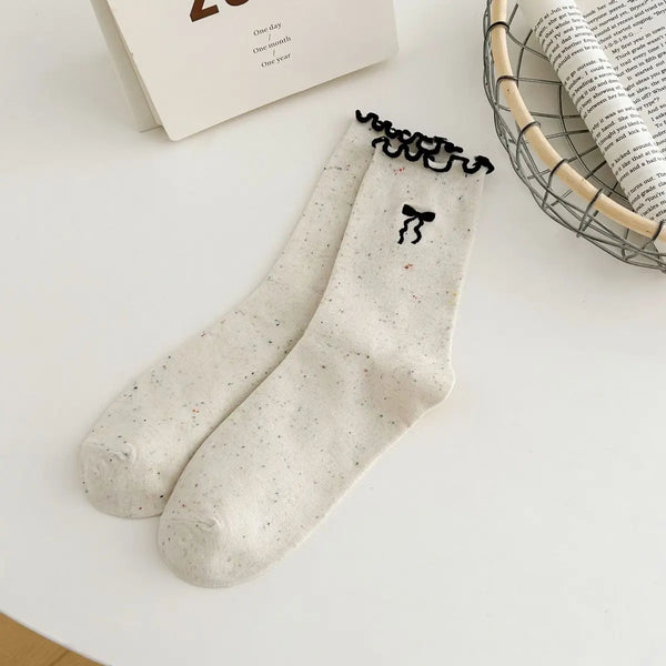 Embroidered Bow Lace Mid-Calf Socks