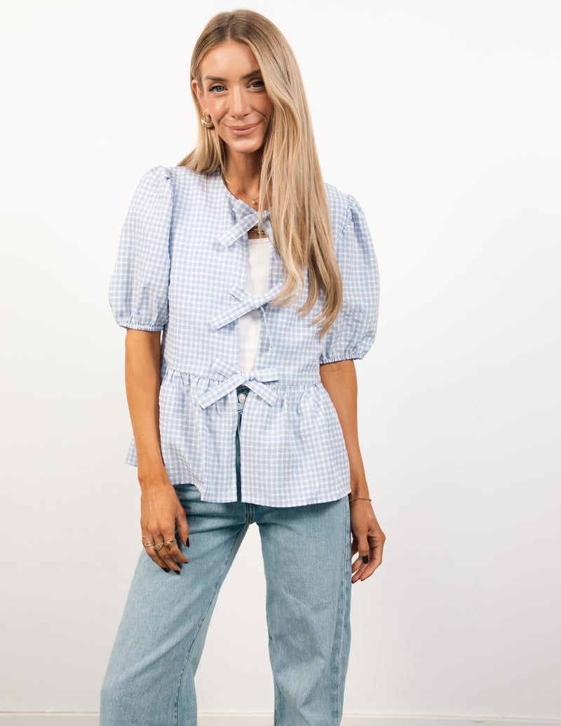 Peplum Gingham Tie Front Top